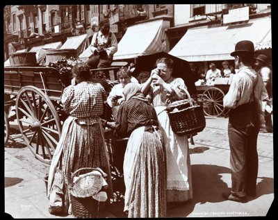 Ansicht von Frauen, die Gemüse kaufen und Eier von einem Händler auf der Hester Street inspizieren, New York (1898) von Byron Company